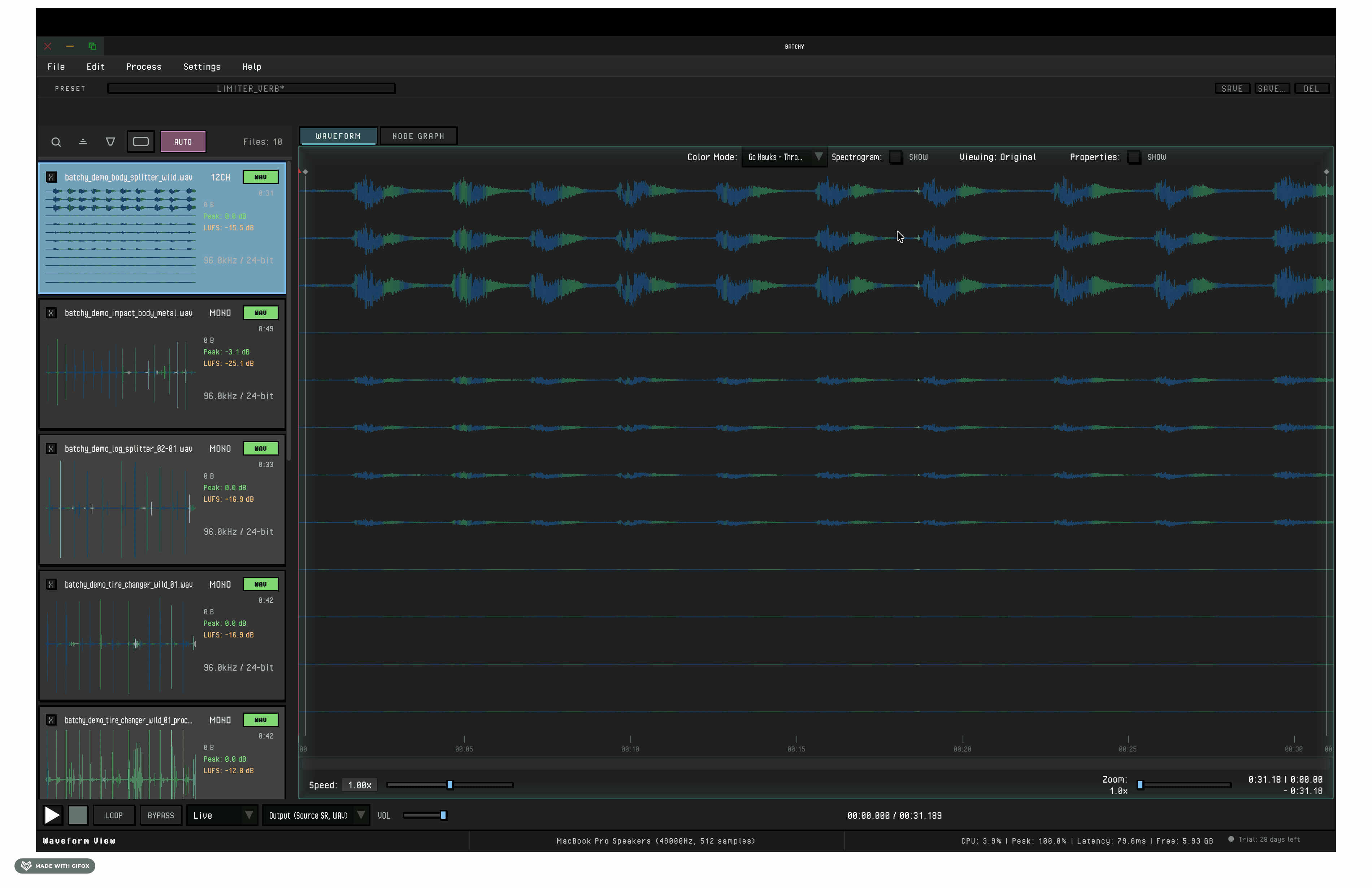 Batchy playback view showing waveform and spectrogram analysis inside a full processing setup