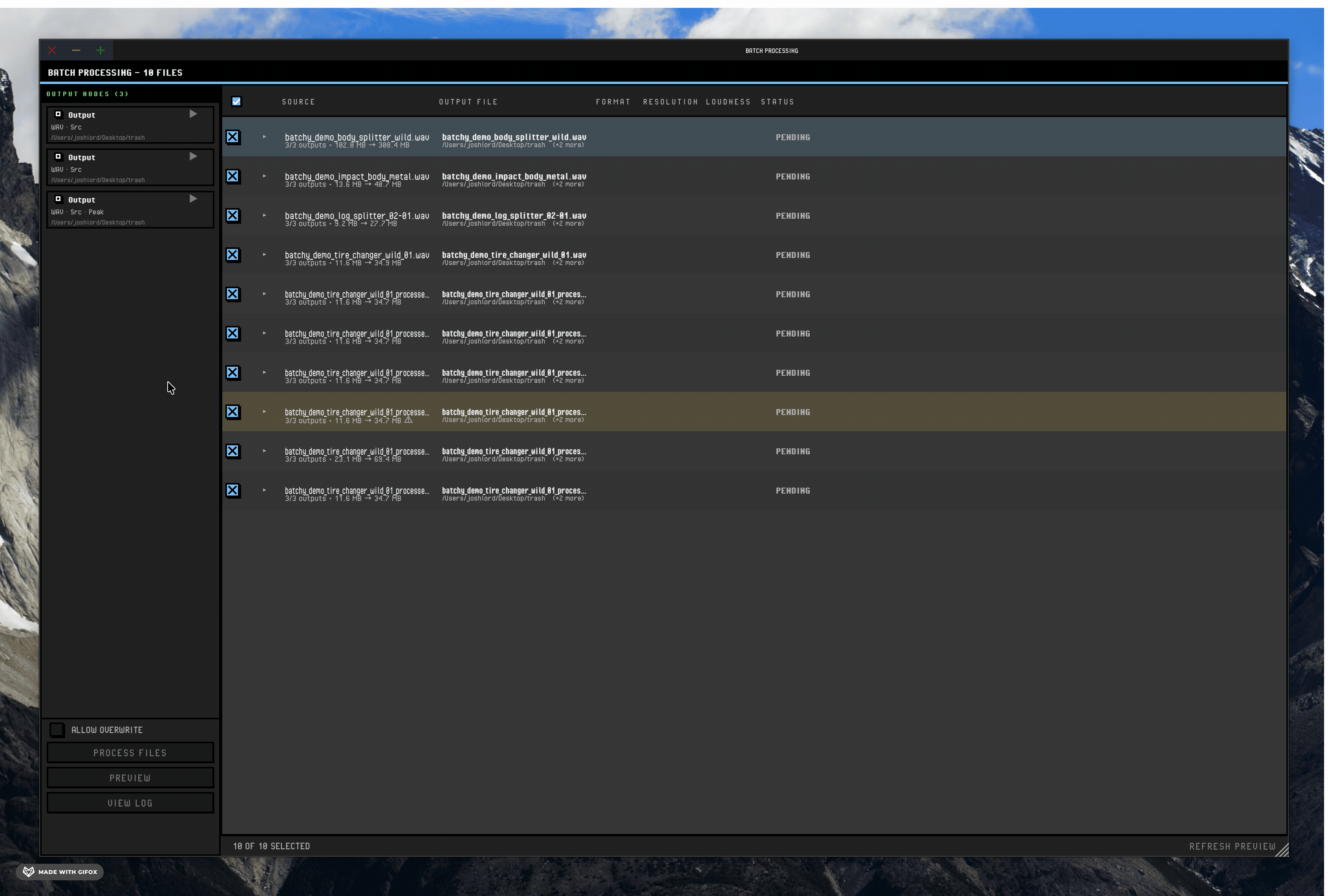 Batchy batch processing window showing queued files and output nodes